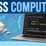 10th class computer notes Urdu medium Lahore Board cover showing Python code on a laptop, a notebook and study tools for revision
