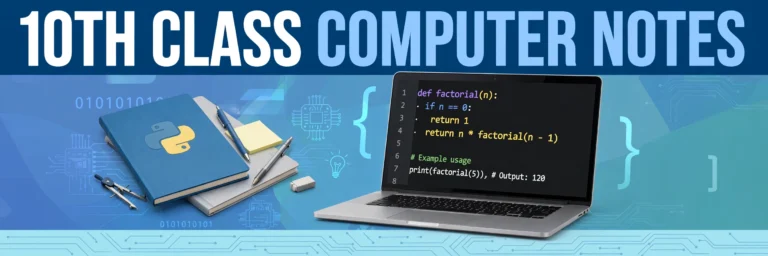 10th class computer notes Urdu medium Lahore Board cover showing Python code on a laptop, a notebook and study tools for revision