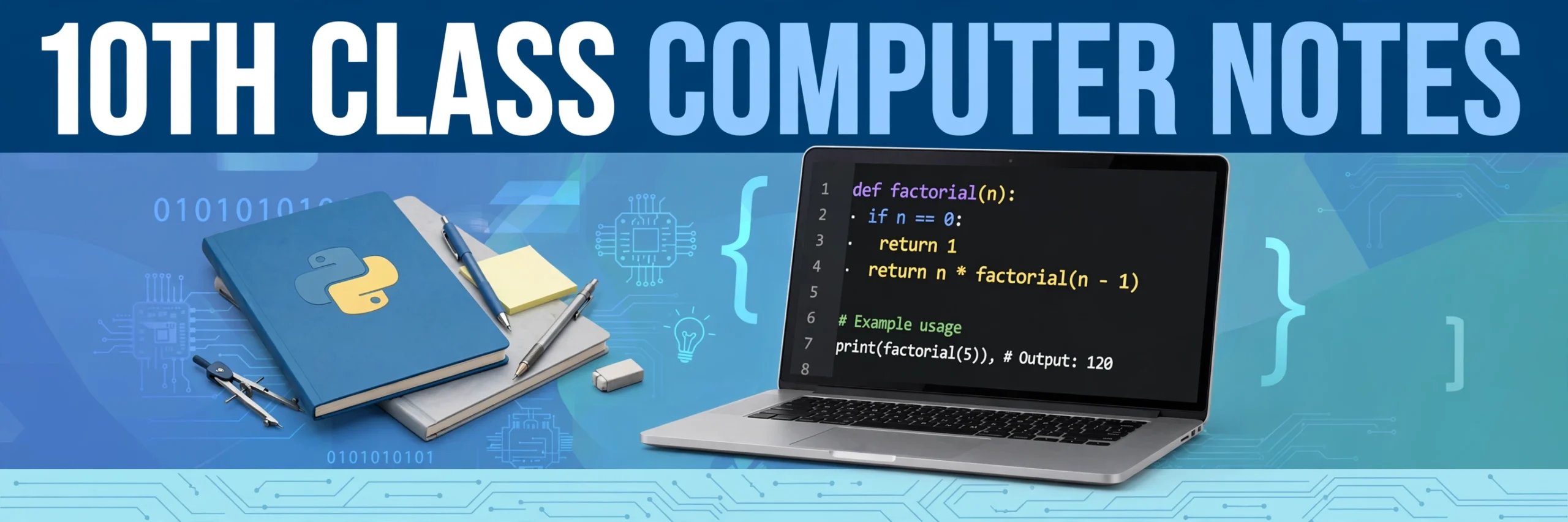 10th class computer notes Urdu medium Lahore Board cover showing Python code on a laptop, a notebook and study tools for revision