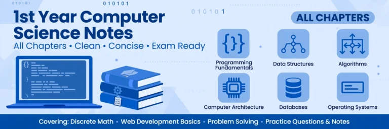 1st year computer science notes all chapters — original study notes with computer, books, programming, database and computer architecture icons