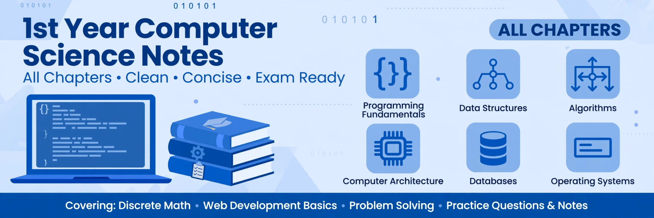 1st year computer science notes all chapters — original study notes with computer, books, programming, database and computer architecture icons