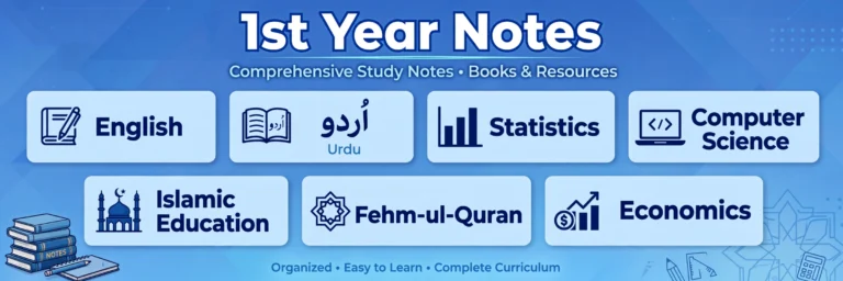1st year FBISE notes all subjects — English, Urdu, Statistics, Computer Science, Islamic Education, Fehm ul Quran and Economics study notes