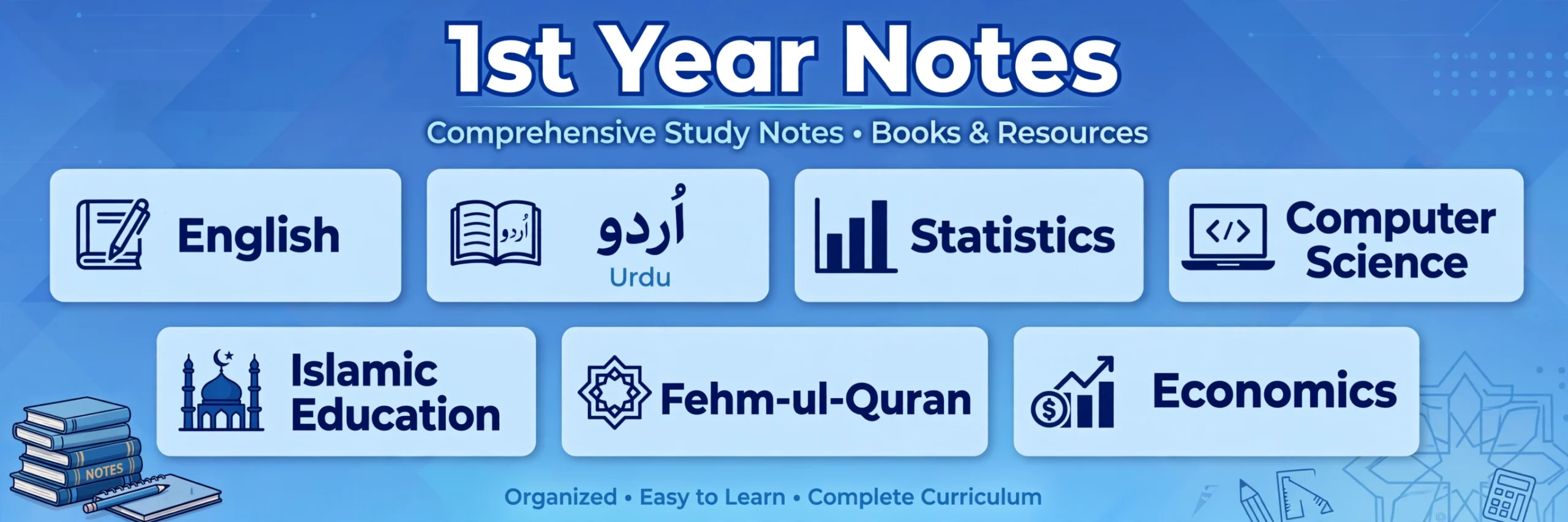 1st year FBISE notes all subjects — English, Urdu, Statistics, Computer Science, Islamic Education, Fehm ul Quran and Economics study notes
