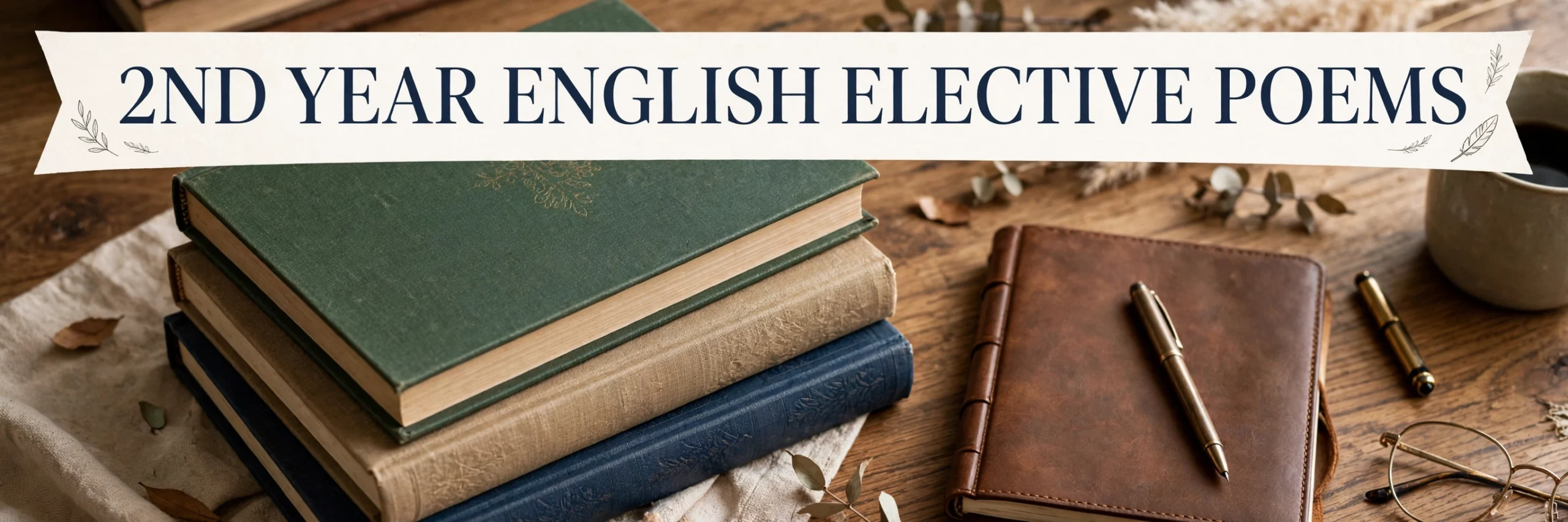 2nd year English elective poems notes cover showing stacked books, a notebook and pens for poems 13 to 23 revision