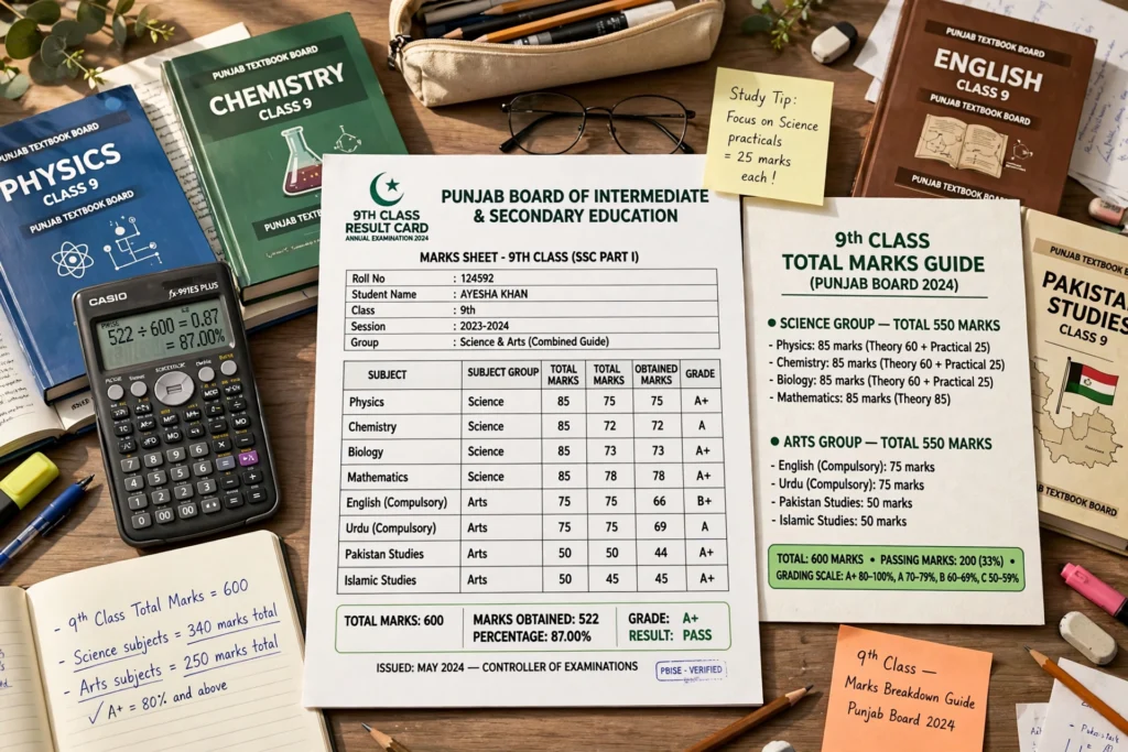 Class 9 total marks guide with study notes, books and a calculator on a student desk