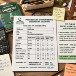 Class 9 total marks guide with study notes, books and a calculator on a student desk
