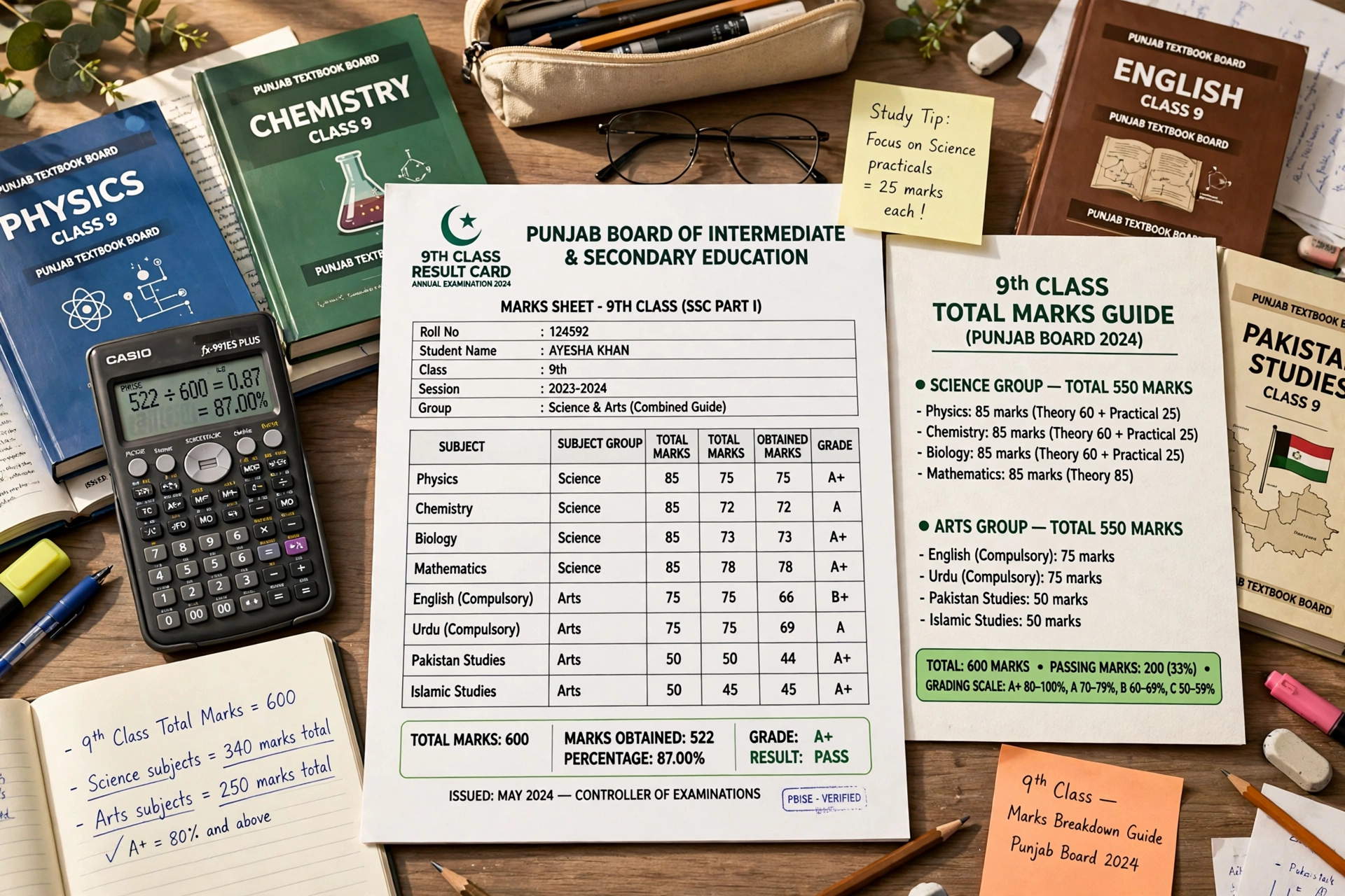 Class 9 total marks guide with study notes, books and a calculator on a student desk