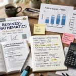 Business math 2nd year guess paper 2027 revision guide with Business Mathematics book, charts and calculator on a study desk