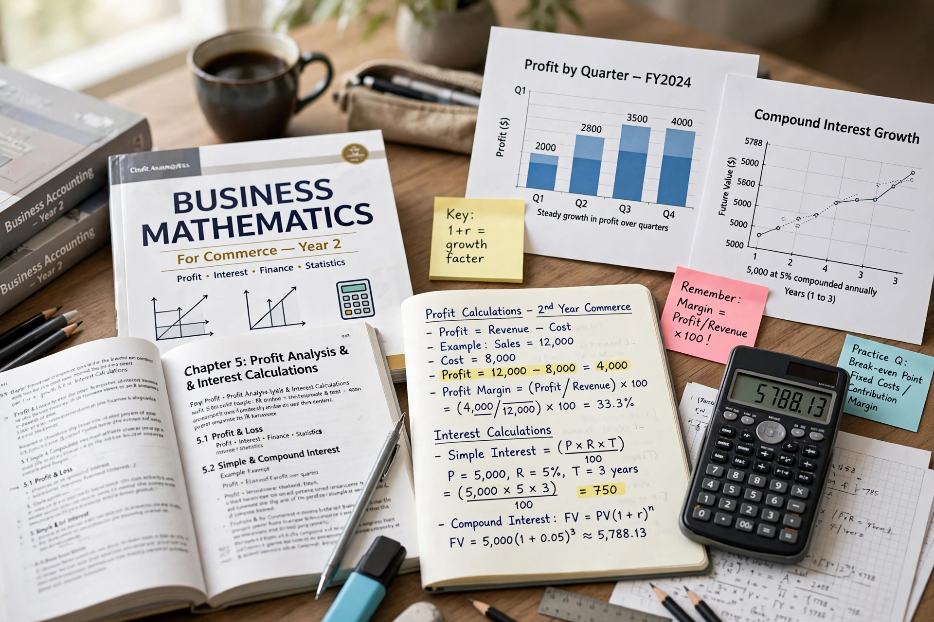 Business math 2nd year guess paper 2027 revision guide with Business Mathematics book, charts and calculator on a study desk