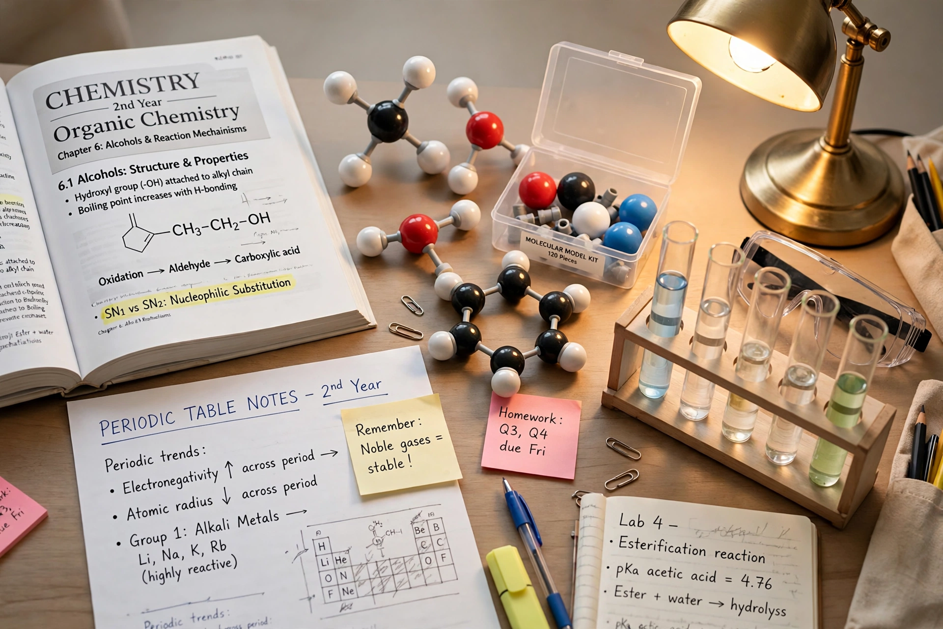 Chemistry 2nd year guess paper 2027 important questions revision guide with chemistry textbook, molecular model and study notes