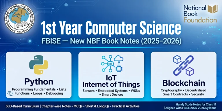 FBISE 1st Year Computer Science New NBF Book Notes cover showing Python, Internet of Things and Blockchain topics for Class 11 students