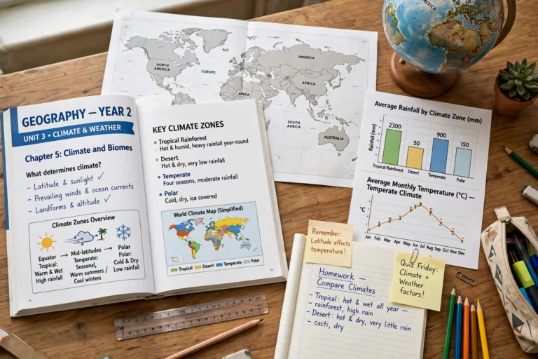 Geography 2nd year guess paper 2027 revision guide with world map, globe and climate charts
