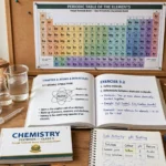 Gujranwala board 9th class chemistry guess paper 2027 revision guide with periodic table and chemistry lab equipment