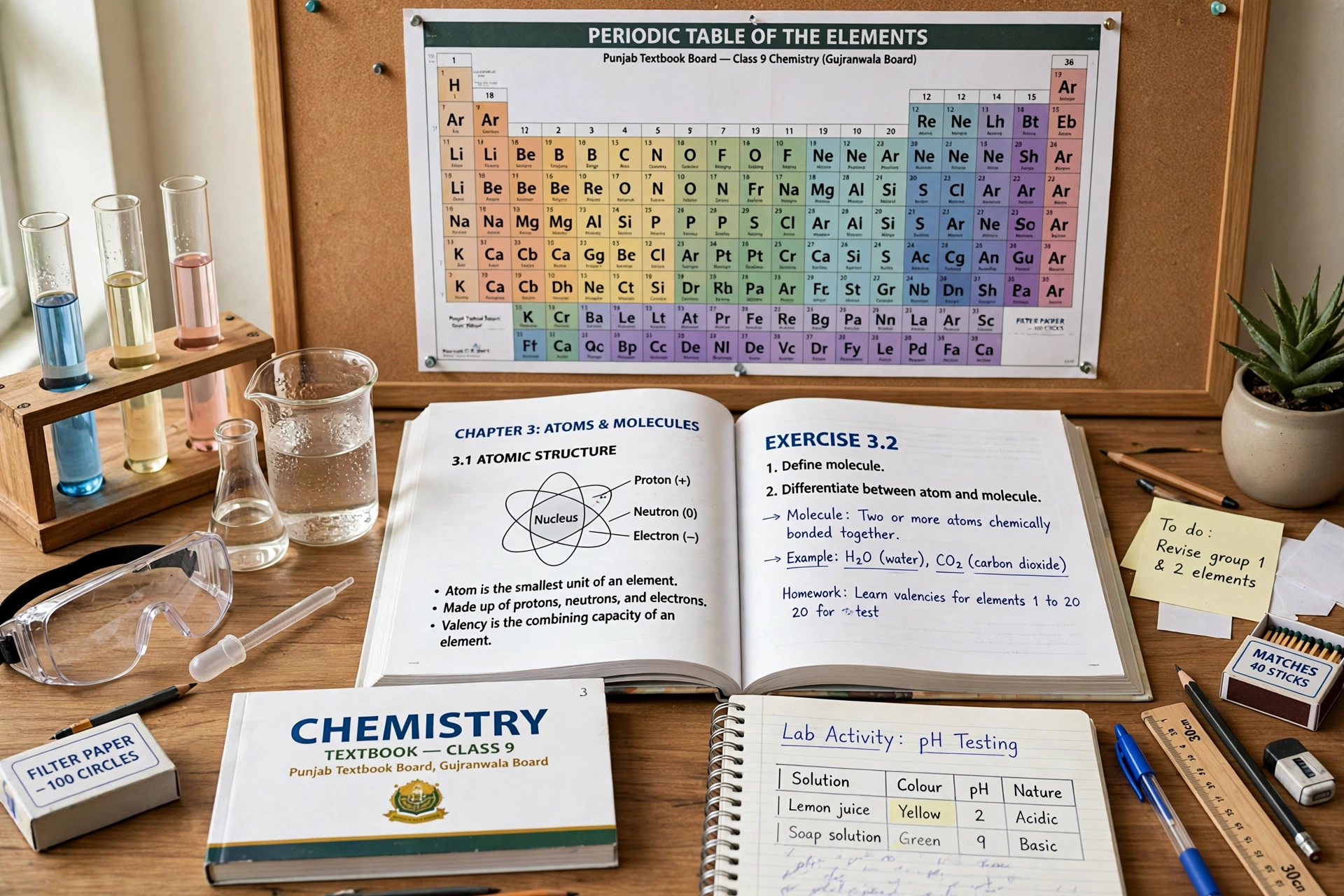 Gujranwala board 9th class chemistry guess paper 2027 revision guide with periodic table and chemistry lab equipment