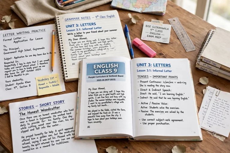 Gujranwala board 9th class English guess paper 2027 revision guide with English grammar notes, letters and stories
