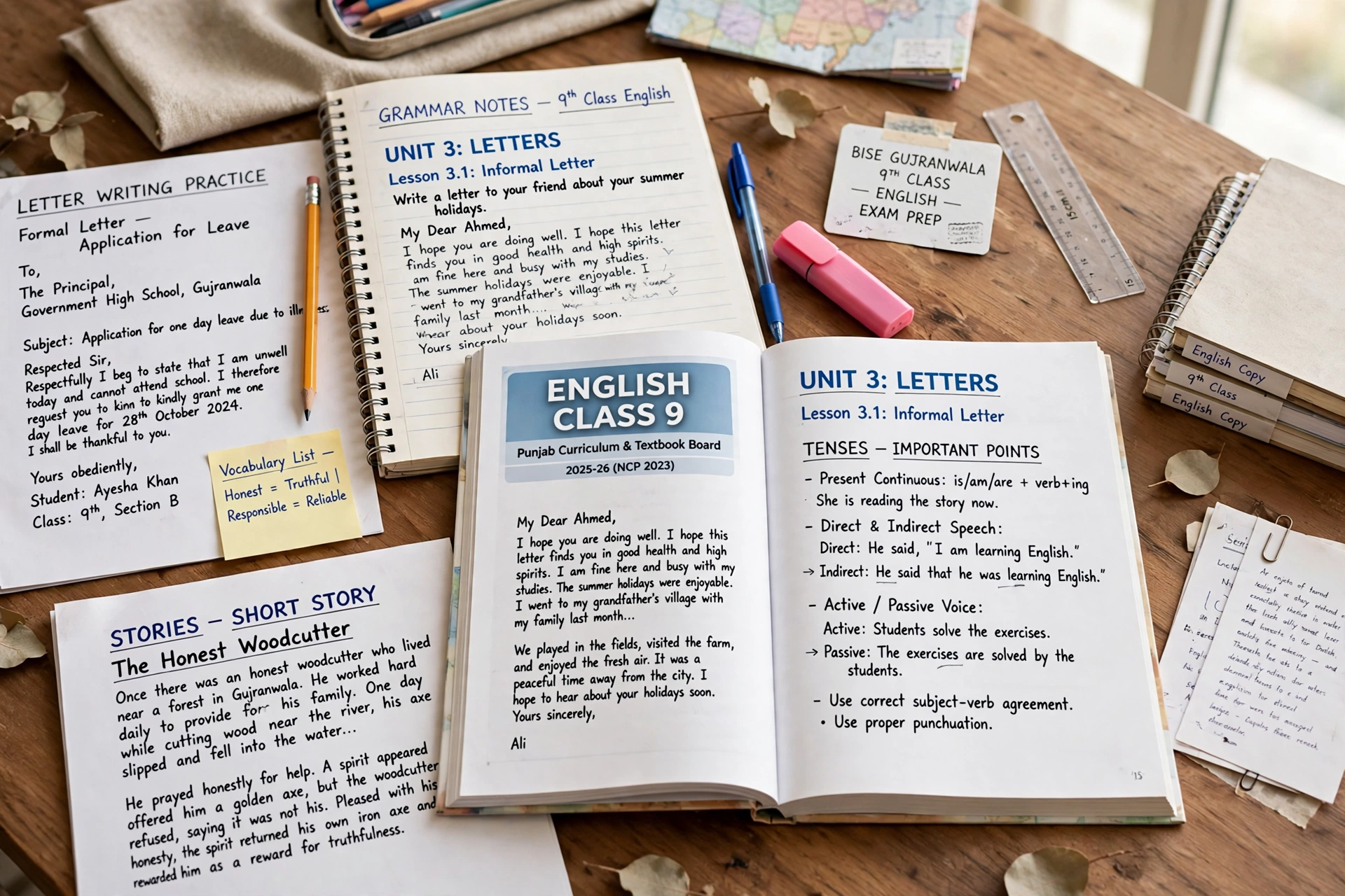 Gujranwala board 9th class English guess paper 2027 revision guide with English grammar notes, letters and stories