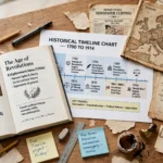 History 2nd year guess paper 2027 revision guide with history book, historical timeline chart 1700 to 1914 and old Europe map