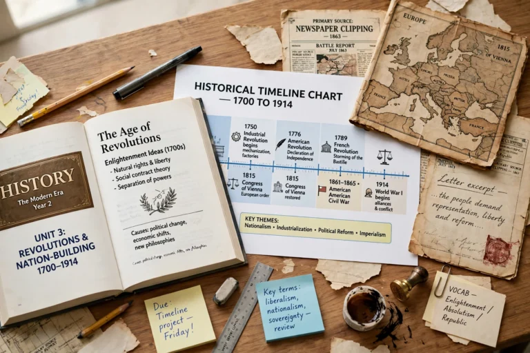 History 2nd year guess paper 2027 revision guide with history book, historical timeline chart 1700 to 1914 and old Europe map