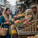 Inflation and rising prices in Pakistan essay illustration showing shoppers at a busy market with rising food prices
