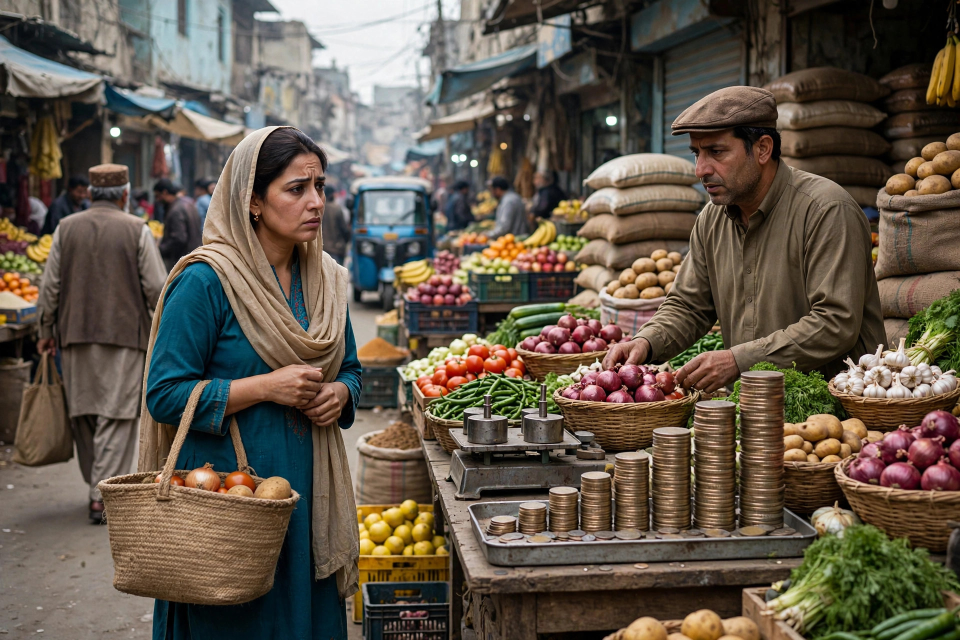Inflation and rising prices in Pakistan essay illustration showing shoppers at a busy market with rising food prices