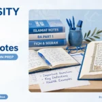 Karachi University BA Part 1 Islamiat compulsory notes in Urdu medium, with study books and notes on a desk
