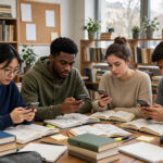 Uses and abuses of mobile phones essay illustration showing college students using mobile phones while studying