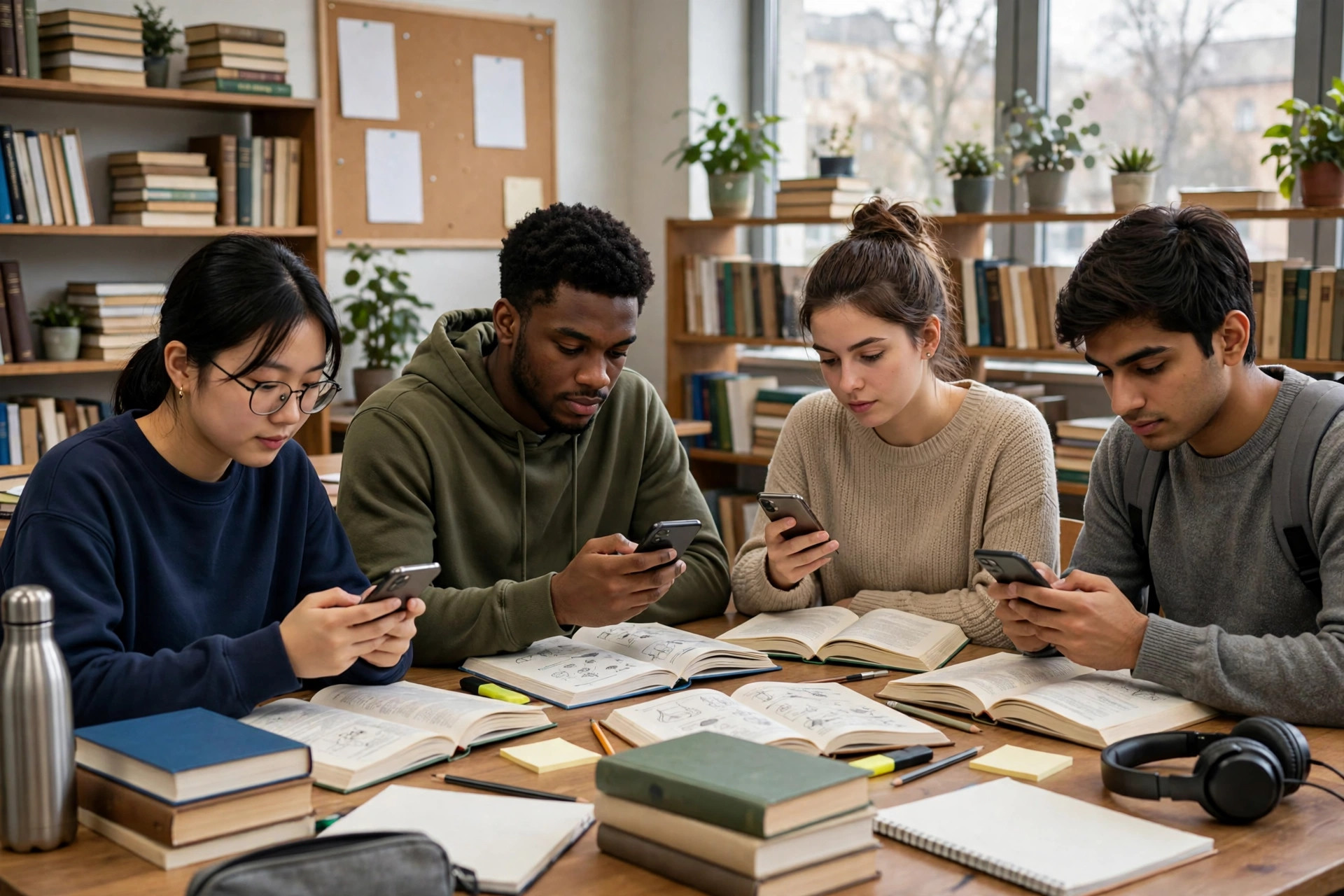 Uses and abuses of mobile phones essay illustration showing college students using mobile phones while studying