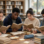 Goodbye Mr Chips novel MCQs illustration showing students studying in a school library for 2nd year English