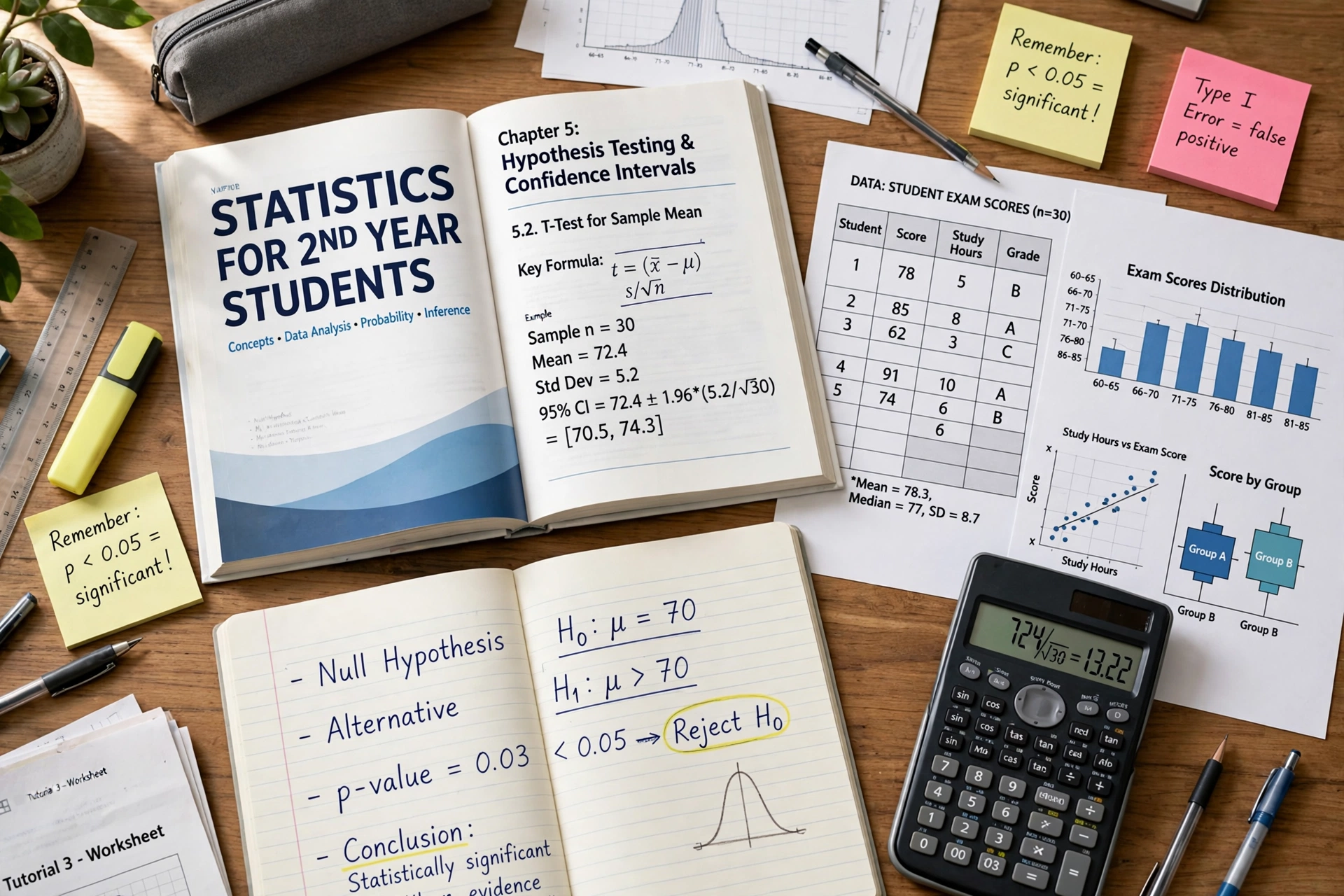 Statistics 2nd year guess paper 2027 revision guide with statistics textbook, hypothesis testing notes, charts and graphs