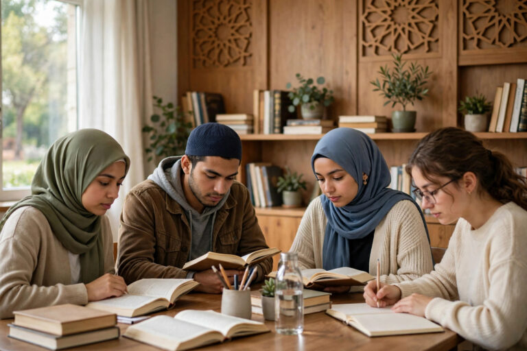 A true Muslim essay illustration showing students reading books in a calm study room with Islamic geometric wall art