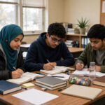 10th class Urdu chapterwise tests guide illustration showing students revising Urdu lessons and test papers