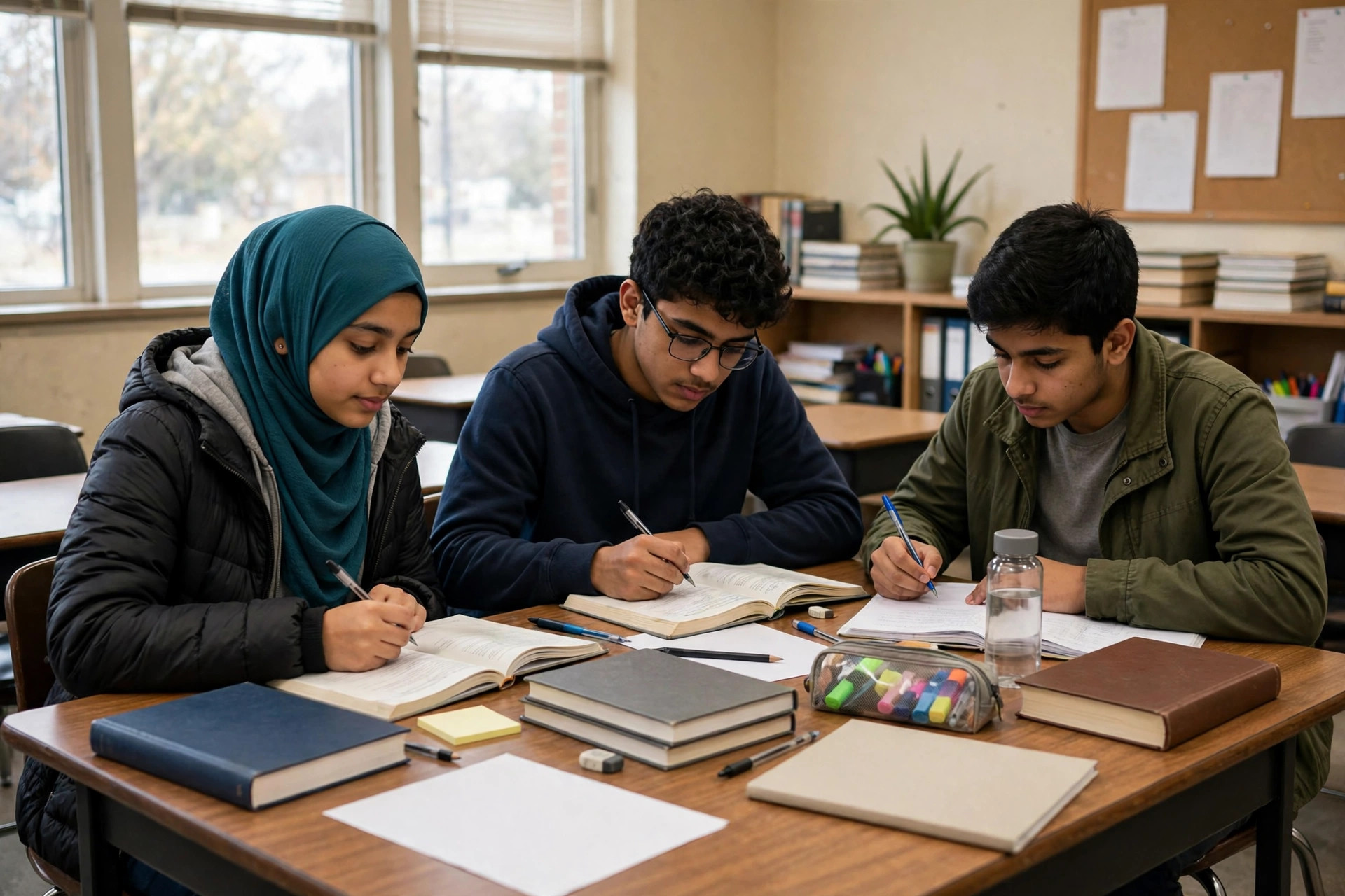 10th class Urdu chapterwise tests guide illustration showing students revising Urdu lessons and test papers