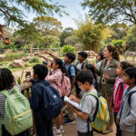 Students on a school visit to the zoo watching animals in their enclosures