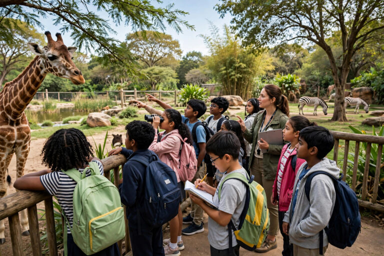 Students on a school visit to the zoo watching animals in their enclosures